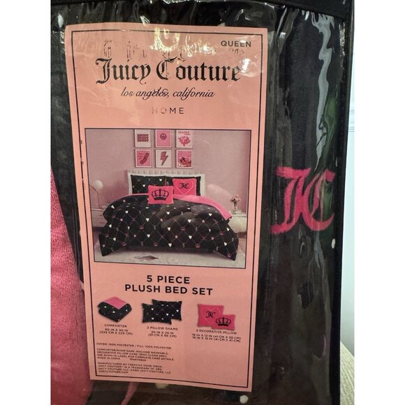 NWT Juicy Couture 5pc QUEEN Plush Comforter Set Black Pink Heart Crowns Monogram - Picture 5 of 6